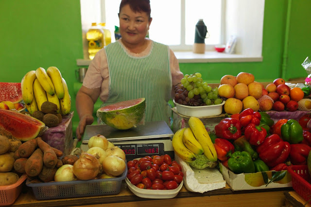 Delicious fresh and local produce at a fruit and vegetable market in Bulgan Aimag, northern Mongolia
