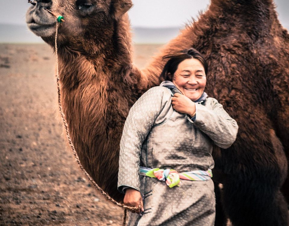 A female camel herder in Mongolia's Gobi Desert