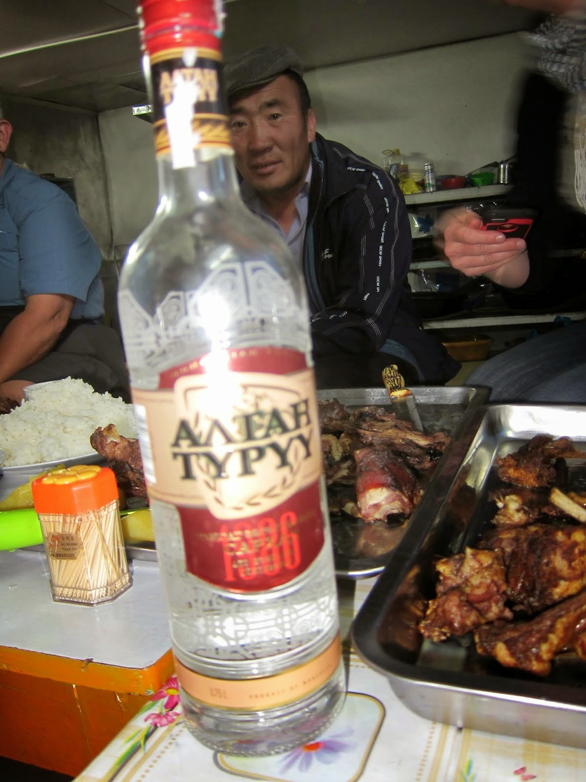 Mongolian vodka and traditional Mongolian barbecue