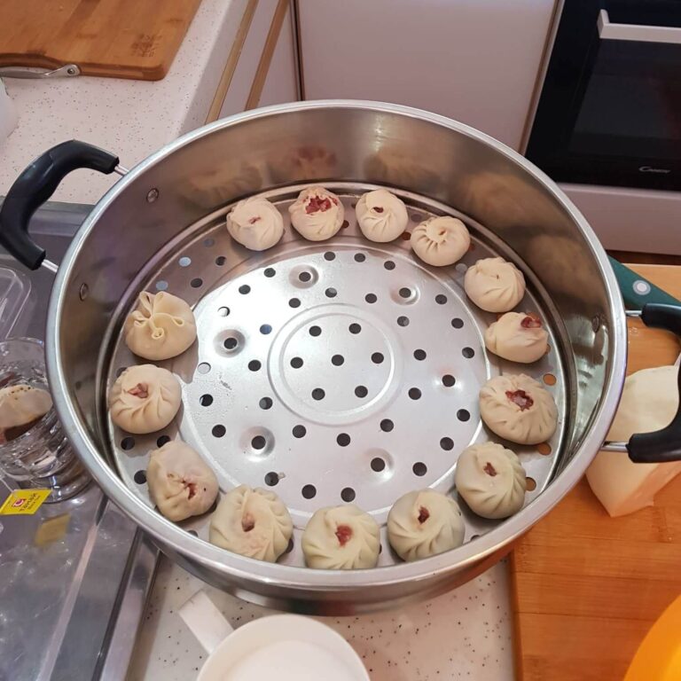 Steaming dumplings at our Mongolian cookery class in Ulaanbaatar