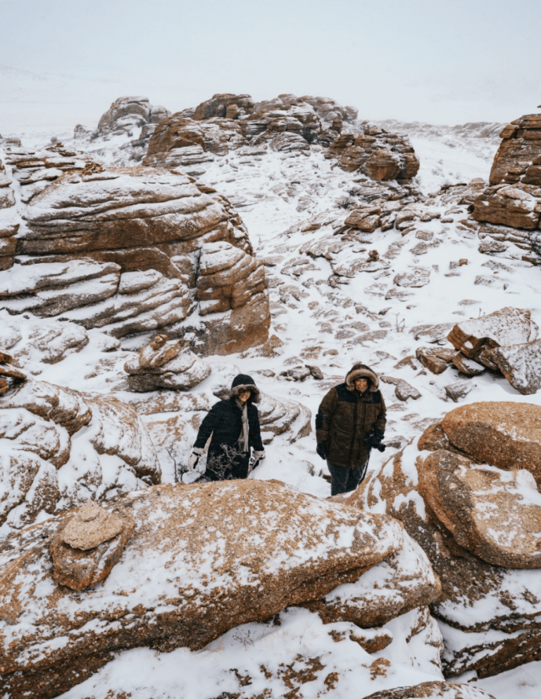 Rock formations in the snow in Mongolia's Middle Gobi